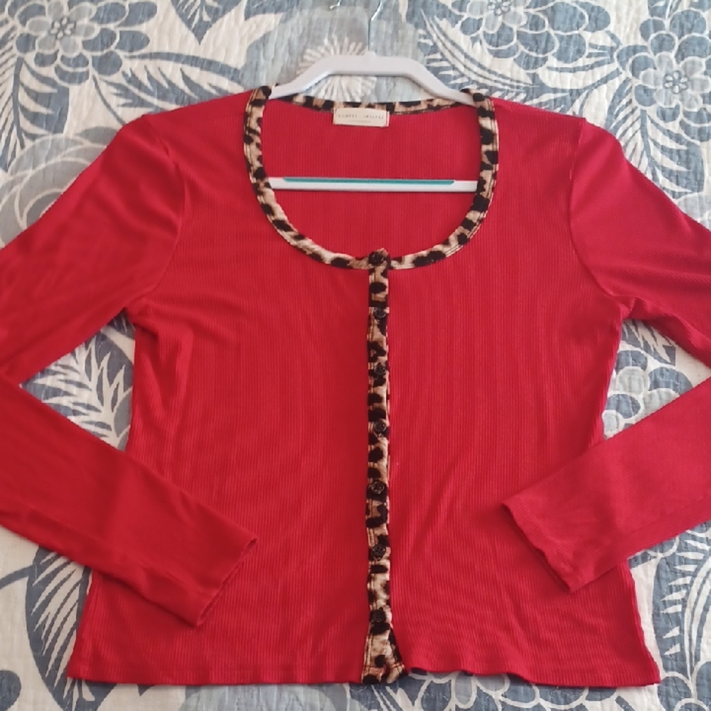 Frankee & Skylarr Red Button Down Cardigan with Leopard Trim Size Large Stretch
